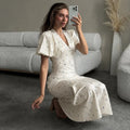 Printed Maxi Dress Women Elegant Slim V-Neck Short-Sleeve Evening Dress Summer New Casual Commuter Female Dress