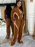 Casual Tracksuit 2-Piece Set Women Stripe Patchwork Zip Lapel Crop Jacket+Drawstring Pants Matching Sporty Outfits