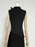 Sexy Stand Collar Flowers Pleated Patchwork Long Dress Women Sleeveless Folds Slim Elegant Dresses Evening Party Gowns