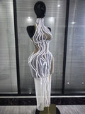 White Shining Rhinestones Women Sexy Off the Shoulder Mesh See Through Bodycon Long Dress Nightclub Party Performance Costumes