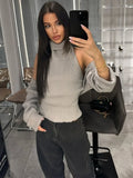 Women's Ribbed Knit Turtleneck Cutout Shoulder Halter Vest Long-Sleeved Shawl 2-Piece Set Slim Y2K Sexy Street Autumn Top