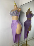 Sparkly Rhinestone Diamonds High Split Two Pieces Women Sexy Outfit Night Club Skirt Suits Dancer Singer Performance Costume