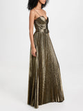 Gold Pleated Maxi Gala Dresses for Women Sleeveless High Waist Patchwork Sashes Spaghetti Strap Luxury Runway Dress Female