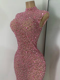 Luxury Crystal Diamonds Long Party Dress Sexy Mesh Sleeveless See Through Evening Prom Birthday Women's Clothing Singer Wear