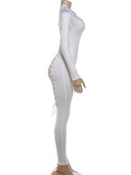 Cross Bandage Hollow Design Jumpsuits Woman o-Neck Full Sleeve Backless Skinny Peach Hip Sexy Club Party Overalls