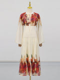 Vintage Loose Two Piece Set for Women V Neck Puff Sleeve Spliced Lace Up Top High Waist Fold Printing Skirt Suit Female New
