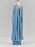 Light Blue Ruched Bodycon Mermaid Maxi Dress for Women for Cape Sleeve Design Draped Skirt for Red Carpet Award Ceremonies