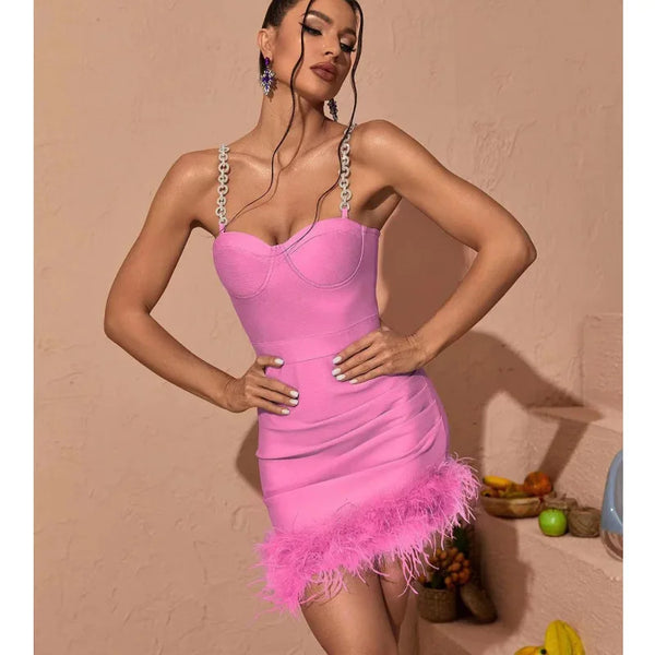 Women's 3-Color Gorgeous Feather Skirt Rhinestone Chain Suspender Dress Hot Party Performance Dress Vestido De Noche Fiesta Lujo