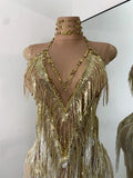 Luxury Sequins Tassel Short Dress For Women Sexy Sleeveless Mesh Transparent Music Festival Clothes Stage Wear