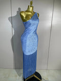 Women Elegant Evening Party Cocktail Club Prom Gowns Birthday Dress Sexy One Shoulder Tassels Sky Blue Bodycon Bandage Dress