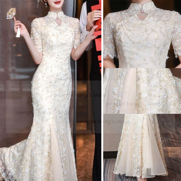 Wedding Dresses Mermaid Long Sleeves Mesh Lace Floral Chesongam Women Elegant Vestidos Stand Collar Chinese Style Dresses