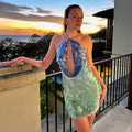 Sexy Sequin Shiny Mini Dress Women Luxury Blue Green Patchwork Halter Backless Short Dresses Evening Party Bright Dresses Beach