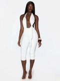 Knot Decoration Playsuit Women Halter Bandage Backless Tassel Folds Deep v-Neck Seeveless Elasticity Sexy Romper