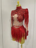 Sparkly Rhinestone Sequin Tassel Stretch Bodysuits 2025 New Arrival Women Birthday Party Nightclub Dj Stage Performance Costume
