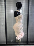 Khaki Women Sexy Halter Off the Shoulder Shining Beading Rhinestones Bodycon Mini Bandage Dress Feathers Elegant Evening W