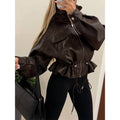 Elastic Drawstring Leather Jacket Zipper Stand Collar Long Sleeved Short Jackets Lady 2026 Autumn Women Chic Street Outerwear