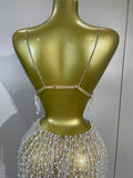 Women Evening Prom Birthday Celebrate Sexy Nightclub DJ Stage Costume Luxury Diamond Beading Mesh Strap Top Skirt Two Pieces Set