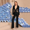 Bandage Elastic Pantsuit Women's Suit Black Sexy Hollow Jacket+Wide Leg Pants Two Piece Set