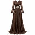 Fashion V Neck Lace Long Puff Sleeve Floor Length Dress for Women Ruched Waist Rhinestone Decoration for Banquet Gala Event