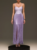 Fashion Sweetheart Spaghetti Strap Maxi Dress for Women Solid Fringe Floor Length Bodycon Back Zipper for Evening Party Club