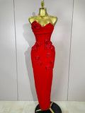 Newest Sexy Strapless Backless Red Flower Long Bandage Dress Women Celebirty Elegant Prom Evening Club Party Birthday Dresses