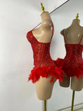 Luxury Women Sexy Shiny Crystal Feathers Hollow Out Bodysuit Nightclub Performance Dance Costume Nightclub Singer Stage Wear