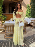 Sexy Off Shoulder Top Maxi Skirt Sets Chic Ruffled Sheer Chiffon Crop Tops High Waist Skirt 2026 New Lady Vacation Party Outfit