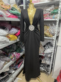 Black, Red And White Pleated Rhinestone Decorated One-Shoulder Long-Sleeved Waist-Cinching Long Fitted Dress, Party And Birthday