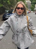 Gingham Plaid Hooded Windbreaker Jacket Drawstring Waist Loose  Outerwear 2026 Spring Autumn Lady Retro Outdoor Casual Jacket