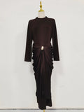 Sexy Evening Party Black Color Midi Dress for Women O Neck Long Sleeve Pachwork Metal Buckle Folds Bodycon Dresses Female
