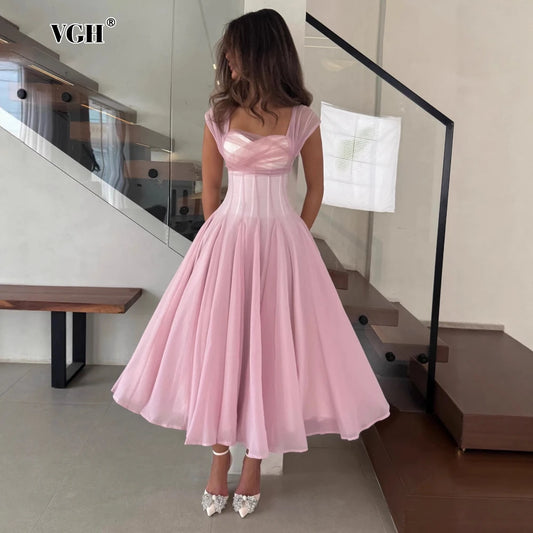 French Gentle Summer Dresses for Women Square Neck Sleeveless Tunic Mesh Dates Party Puff Long Dress Female Clothing Style