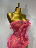 Women Strapless Sparkly Diamonds Ruffled Slit Long Dress Birthday Evening Party PhotoShoot Mesh See Through Nightclub Stage Wear