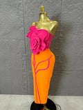 Luxury Elegant Orange Pink Strapless Bodycon Midi Dress Women Sexy 3D Floral Applique Outfit Date Night Party Costum