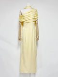 Formal Evening Party Solid Dress for Women Diagonal Collar Off Shoulder High Waist Elegant Maxi Dresses with Ribbon Female