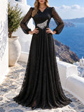 Fashion V Neck Lace Long Puff Sleeve Floor Length Dress for Women Ruched Waist Rhinestone Decoration for Banquet Gala Event