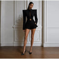Black Shoulder Pad Two Piece Suit Chic Stand Collar Long Sleeve Hollow Slim Outfit 2026 Summer Office Dating Party Formal Suits