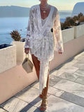 Solid Losoe Spliced Sheer Fashion Bloues for Women V Neck Long Sleeves Patchwork Lace Elegant Top Female Clothing