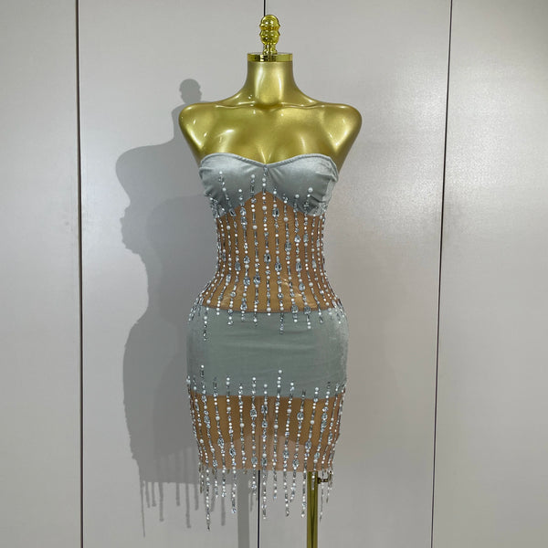 Sexy Strapless Rhinestone Pearl Chain Mesh Mini Dress Women Luxury Birthday Party Nightclub Celebrity Stage Performance Outfit