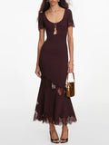 Romantic Dates Brown Ribbed Knit Mermaid Dresses for Women U Neck Short Sleeve Lace Trimmed Midi Skirt for Office Commute