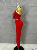 Elegant Two Piece Set Women Halter 3D Flower Crop Top High Waist Flare Pants Bandage Suit Party Casual Formal Wear