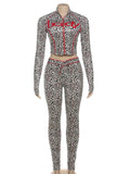 Leopard Letter Tracksuit Women 2 Piece Set Y2K Zip Crop Jacket+Metal Sash Leggings Sporty Matching Stretch Streetwear