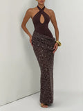 Glam Halter Cutout Maxi Dress for Women Solid Sleeveless Bodice Sequin Draped Wrap Skirt Back Slit for Evening Occasions