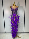 Sparkly Rhinestones Feather Sexy Bodycon Long Dress Women Luxury Birthday Evening Party Fashion Show Nightclub Stage Costume