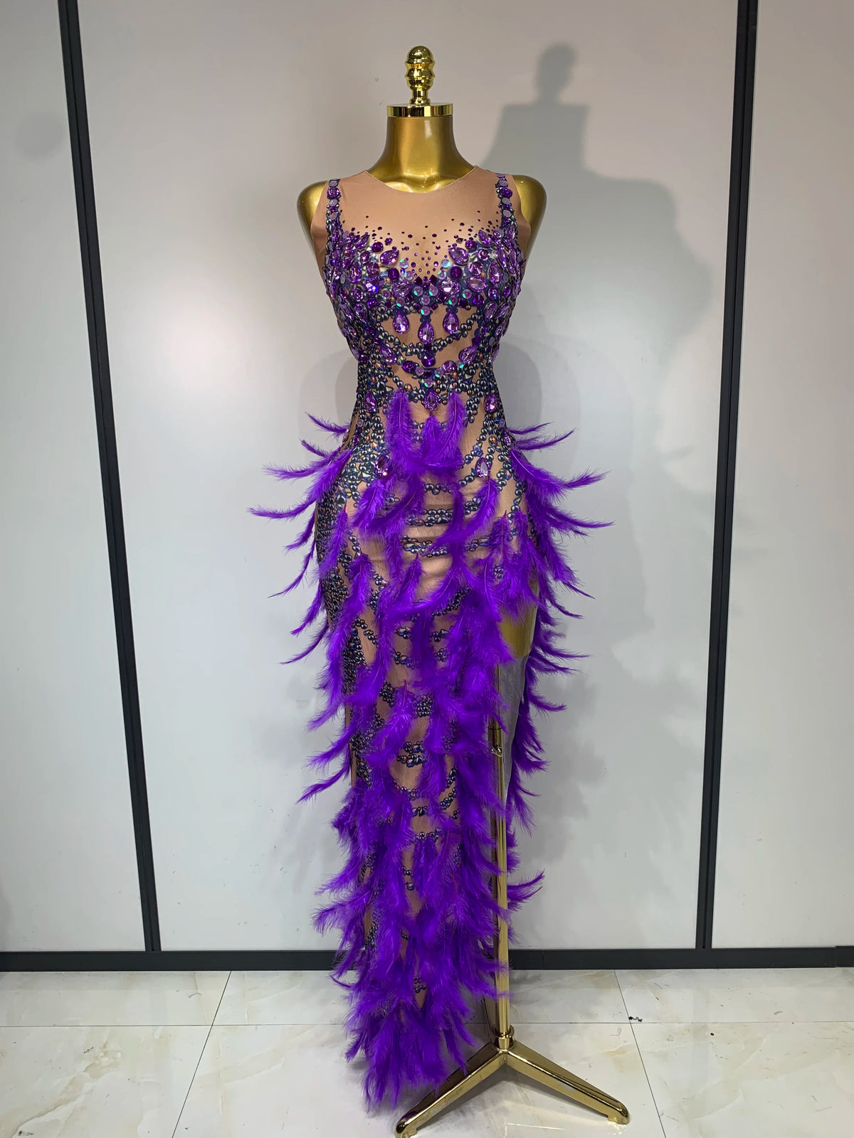 Sparkly Rhinestones Feather Sexy Bodycon Long Dress Women Luxury Birthday Evening Party Fashion Show Nightclub Stage Costume