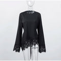 Women Lace Patchwork Satin Top Solid O-neck Back Lace Up Slim Irregular T-shirts Pullover Female Spring Daily Casual Outwear