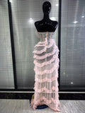 New Arrival Women Pink Rhinestones Mesh Ruffles Sexy Laced-up Long Maxi Dress Birthday Photoshoot Wear Cocktail Party Cute Dress