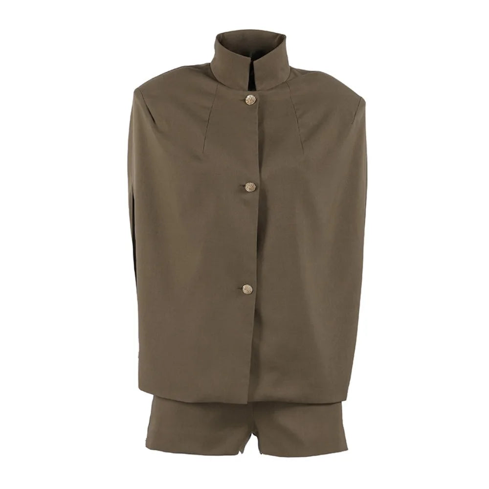 Retro Khaki Shorts Set for Womenstand Collar Sleeveless Cape Vest High Waist Shorts Office Two Piece Sets Female