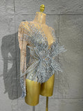 Sexy Madam Sparkling Crystal Bodysuit Long Sleeve See Through Mesh Jumpsuit Evening Party Bar Dancer Stage Wear ForFemale Singer