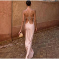 Thin Strap Diamond Back Women Maxi Dress Round Neck Cut Out Irregular Back Buckle Detail Fitted Waist Floor Length Long Dress