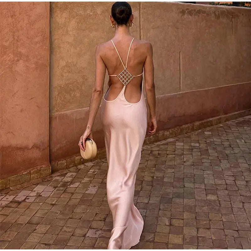 Thin Strap Diamond Back Women Maxi Dress Round Neck Cut Out Irregular Back Buckle Detail Fitted Waist Floor Length Long Dress